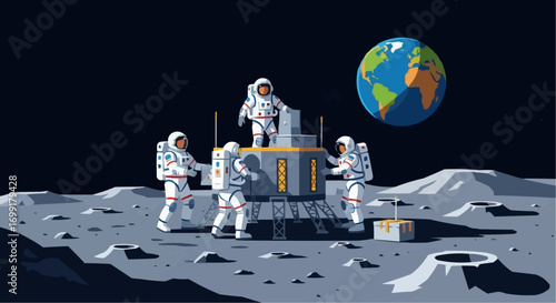 Astronauts on the moon surface with earth in space doing research and exploration mission vector illustration vector