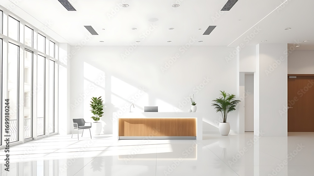 Fototapeta premium Bright and modern office reception area with clean white walls and natural lighting.