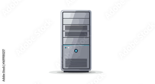 Illustration of a sleek metallic computer server tower with a blue power button emphasizing its streamlined design and technical essence