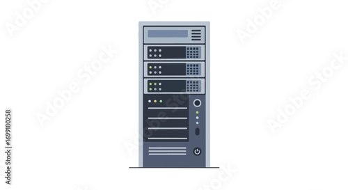 Conceptual graphic illustration of a generic modern server unit on a white background representing cloud computing and data management