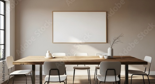 A spacious, sunlit room featuring a long, rough wooden dining table surrounded by simple, modern chairs. A blank framed picture hangs on the neutral wall.