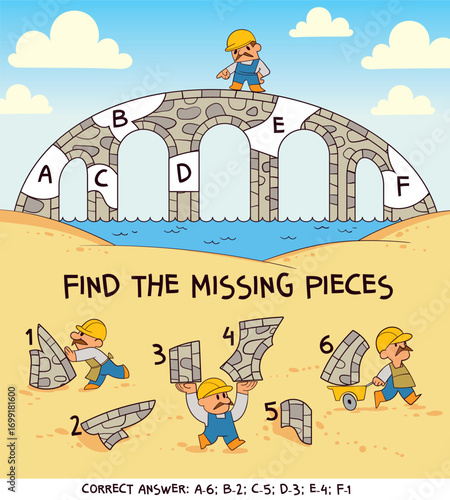 Bridge repair puzzle for kids. Match the missing stone pieces to complete the arch bridge. Construction theme visual game that trains attention, shape matching, and spatial reasoning.