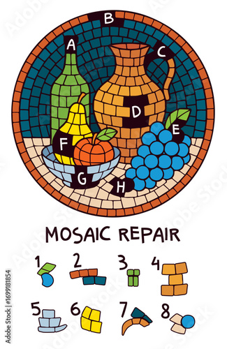 Kids visual puzzle. Repair the still-life mosaic by matching missing fragments with the correct pieces. Bright classroom printable for attention and spatial skills.
