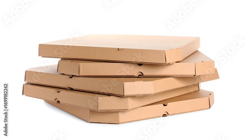 Pizza boxes stacked on white background