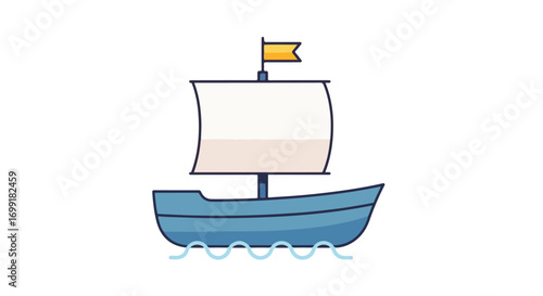 Stylized cartoon sailboat illustration with blue hull, white sail and yellow flag, sailing over gentle blue waves on a white background