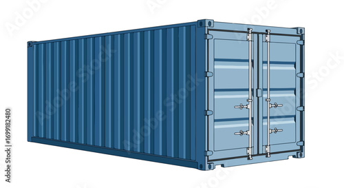 Isometric rendition of a light blue metallic intermodal container used for shipping goods globally via sea freight, rail or road transport