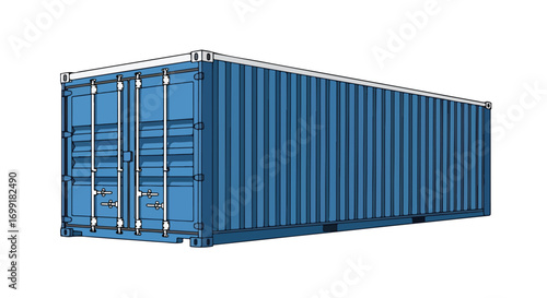 Blue shipping container illustration symbolizing global trade and logistics efficiently and internationally isolated on white background