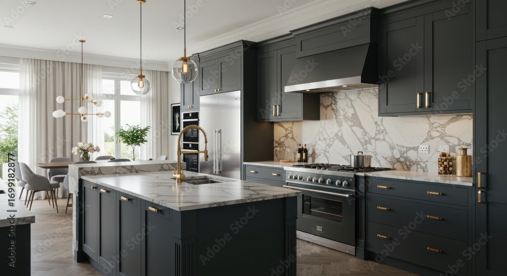 Fototapeta premium Modern dark gray kitchen with marble island and backsplash