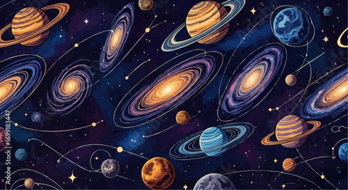 Explore cosmic galaxy planets stars and universe art print space themed celestial bodies and galaxies illustration vector