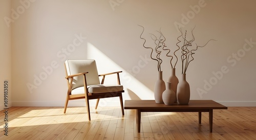 Serene Interior With Mid Century Modern Armchair And Minimalist Vases On Wooden Coffee Table