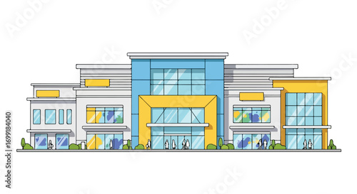 Contemporary Illustration of a Modern Shopping Mall Facade with Vibrant Blue and Yellow Accents, Depicting a Busy Retail Environment