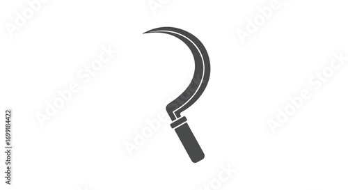 Minimalist depiction of a sickle tool symbolizing harvest and agricultural labor with a sharp blade for cutting and reaping crops in rural scenes of