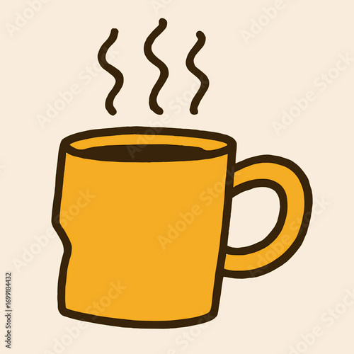 Flat vector illustration of a lopsided coffee mug with uneven steam lines