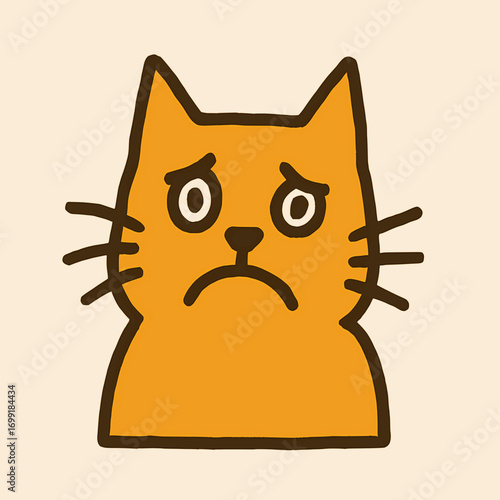 Flat vector illustration of a sad-looking cat with uneven eyes and jagged whiskers