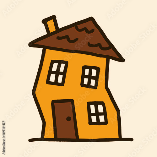 Flat vector illustration of a crooked house with mismatched windows and a bent roof