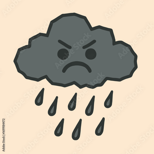 Flat vector illustration of a grumpy cloud with uneven raindrops and jagged edges