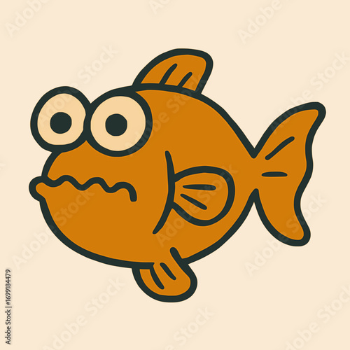 Flat vector illustration of a silly fish with mismatched fins and bulging eyes
