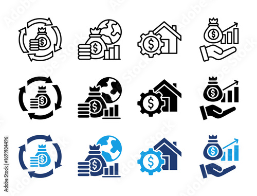 Global Finance and Investment Icon Set. Containing Circular economy, Global economy, Asset management, and Capital Icons Collection.