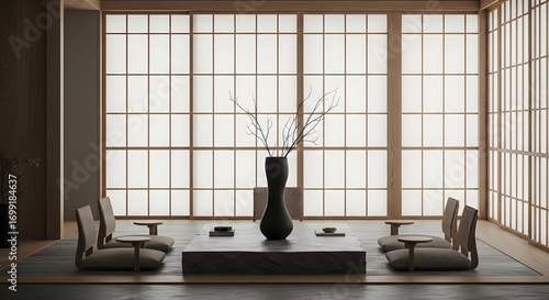 Serene Japanese Living Room With Natural Wood Accents And Shoji Screens