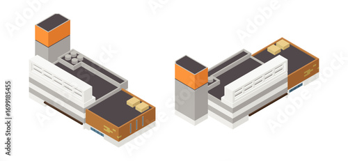 Two isometric views of a modern multi-story building from different angles, architectural visualization illustration
異なる角度の現代的多層建物の等角二視図の建築ビジュアライゼーションイラスト