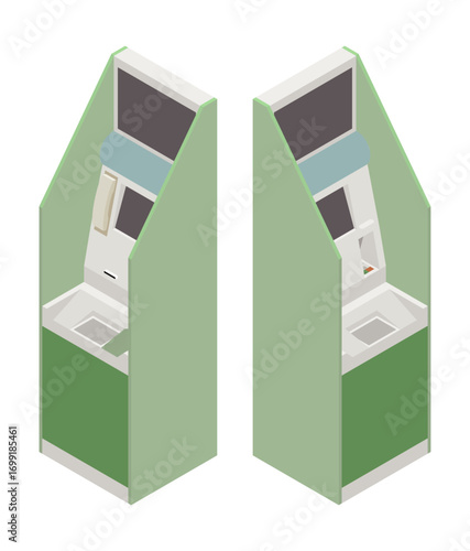 Isometric two-view illustration of two convenience store ATM machines
コンビニATM二台の等角二視図