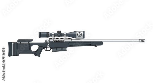 Detailed Sniper Rifle Illustration Depicting Precision Aim and Long-Range Targeting Capabilities, Highlighting Advanced Optics and Sleek Design
