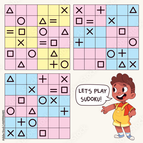 Set of picture sudoku puzzles with symbols - triangle, circle, square, plus, cross, equal and colored subgrids. Kids place each icon once per row and column. Printable logic worksheet.
