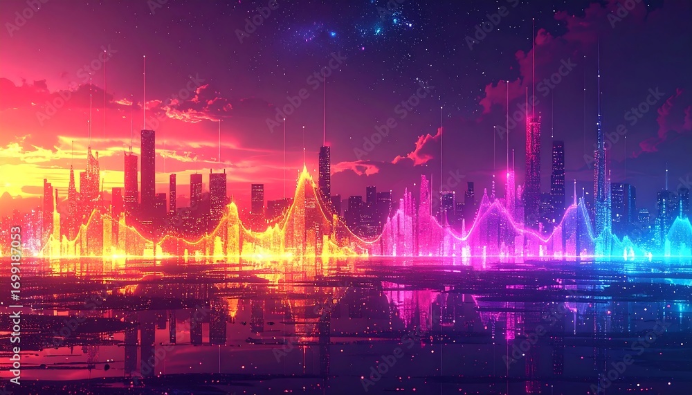 Obraz premium A vibrant cityscape glows with neon hues and digital lines, reflecting on a still water surface at sunset.