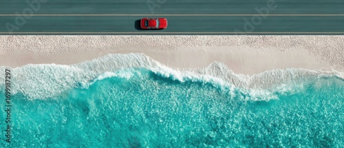 Aerial view of a red car on a coastal road beside turquoise ocean waves and a white sand beach, presenting a scenic seaside scene.