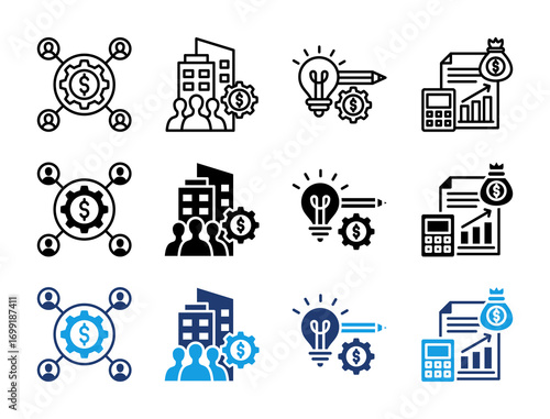 Business Strategy and Finance Icon Set. Containing Contribution, Enterprise, Design process, and Financial statement Icons Collection.