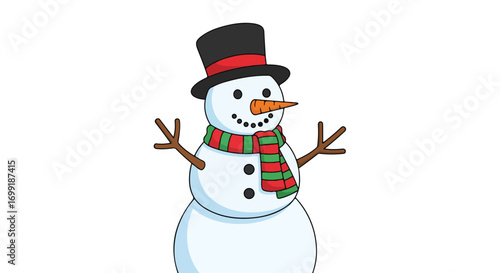 Delightful snow character with a traditional top hat and charming festive scarf on a white background
