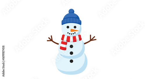 Playful vector illustration of a cartoon snowman with hat and scarf, perfect for seasonal winter projects and holiday greeting cards