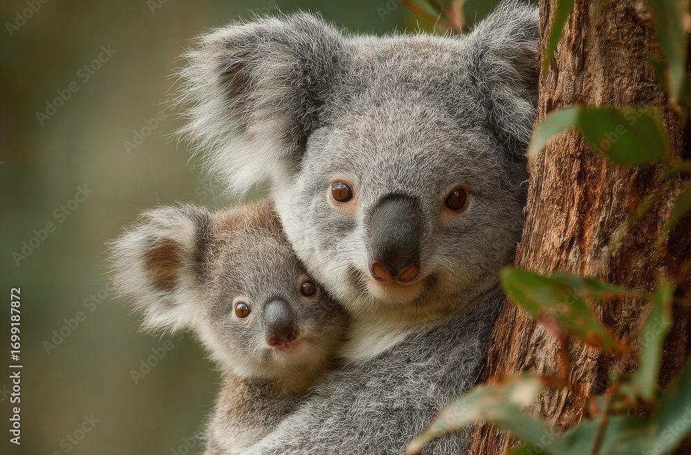 Obraz premium A close - up of an adult koala holding a baby koala, leaning against a tree trunk with green foliage in the background.