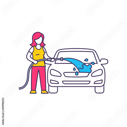 Woman washing a white car with a hose, spraying water on the front in a colorful line art illustration.