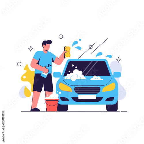 A person is washing a blue car with a sponge and a spray bottle on a sunny day.