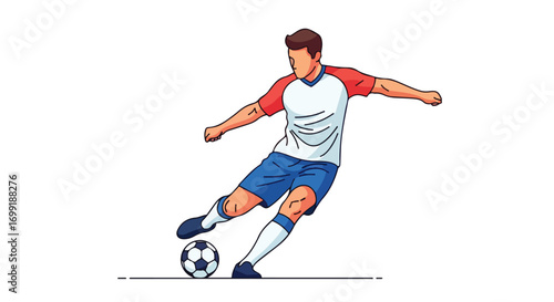 Dynamic soccer player poised to strike the ball with power, showcasing athleticism and precision in a minimalist art style
