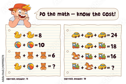 Kids math worksheet. Solve toy price equations on two pages. Add and compare values for duck, ball, teddy, car, train and horse. Bright printable for classroom, homeschool or tutoring.