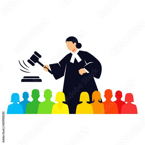 Illustration of a judge in a black robe with a gavel, and a diverse audience.