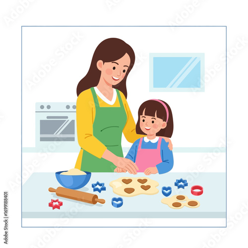 A loving mother and her young daughter enjoy baking cookies together in a bright, modern kitchen.