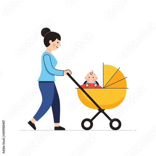 A smiling woman pushing a baby in a yellow stroller while walking outdoors, depicting a common parenting activity.