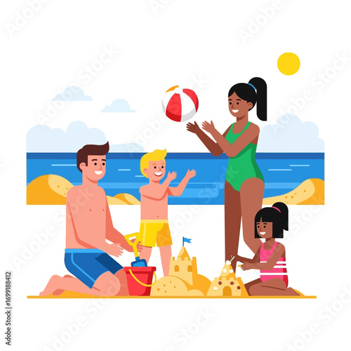 Happy multiracial family with two children playing together on a sunny beach, building sandcastles and throwing a ball.