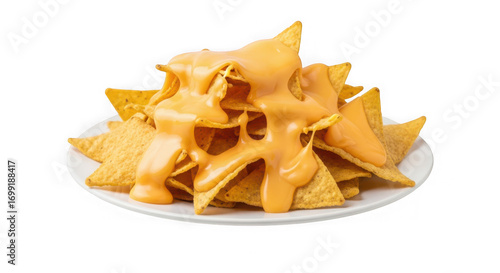 Plate of crispy tortilla chips generously covered with melted cheese sauce, isolated on transparent background