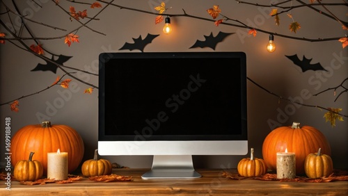 Online halloween shopping. Autumn-themed workspace with pumpkins, candles, and bat decorations against a dark background.