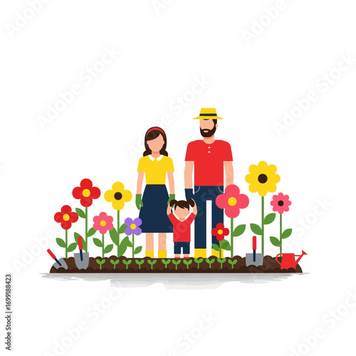 A family of three, including a father, mother, and child, are happily gardening together amidst colorful flowers and plants.