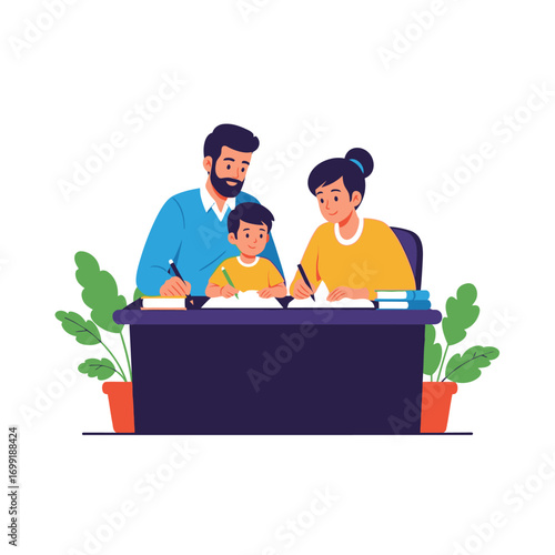 A family, including a father, mother, and their son, sitting together at a desk, all engaged in writing or drawing activities.