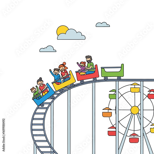 Cartoon illustration of families enjoying a thrilling roller coaster ride at an amusement park with a Ferris wheel in the background under a sunny sky.