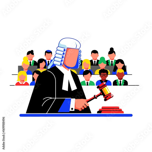 Illustration of a judge in a courtroom, holding a gavel, with a jury in the background.