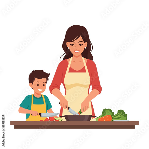 Mother and son cooking together, preparing vegetables for a healthy meal.