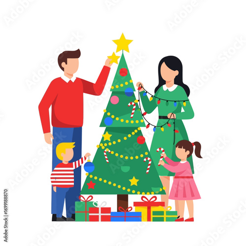 A happy family with a son and daughter decorating a Christmas tree together for the holidays.