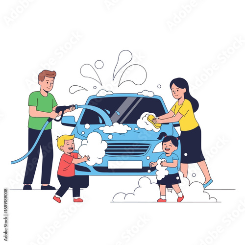 A happy family washing their car together on a sunny day, with children playing in the soap suds.